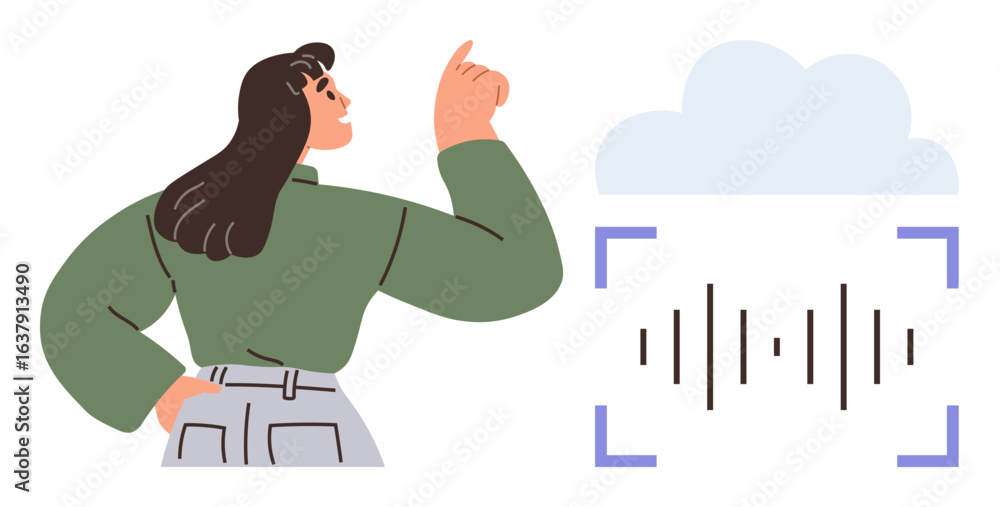 Poster woman pointing towards cloud with visualized sound waves inside rectangular brackets. ideal for tech