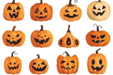 Jack-o-Lantern Pumpkin Set Isolated on White Background. Multiple Carved Halloween Pumpkins Concept. Autumn Harvest Clip Art. Pumpkins with Clipping Path. Fall Season Decoration Design.