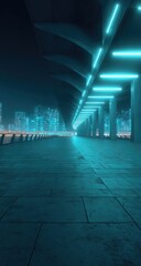 Futuristic city walkway at night, lit by teal neon