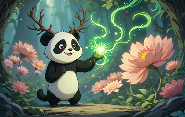 Magical Panda Character with Antlers Casting Green Glowing Spell in an Enchanted Forest
