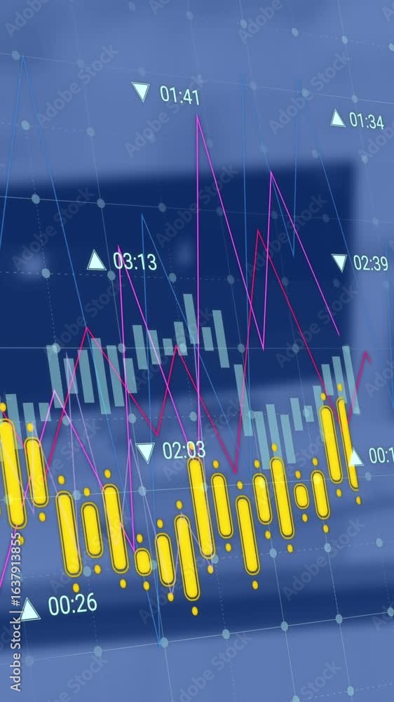 Poster animation of statistics and financial data processing over desk in office