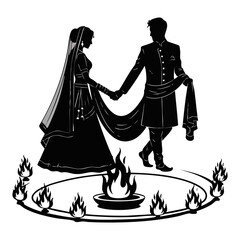 Minimal Hindu Wedding Saat Phere Fire Ritual Vector Illustration