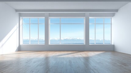 Obraz premium Bright Empty Room with Large Windows Overlooking Ocean and Distant Mountains, Modern Interior Architecture
