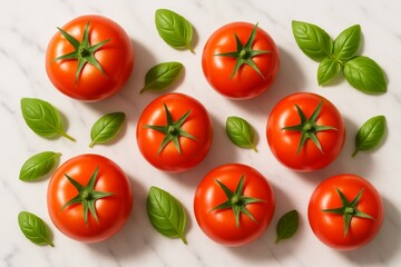 Ripe tomatoes with basil leaves on white marble, flat lay with copy space for recipes, menus, blogs, and ads.