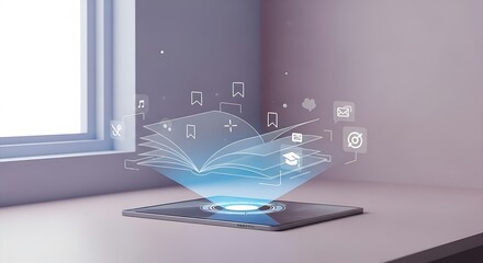 Digital learning concept: Holographic book and icons projected from tablet