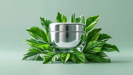 Close up a glass jar with green leaves on light green background. 3d rendering mockup with copy space for skincare, cosmetic product