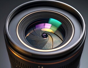 Futuristic camera lens with a closing iris diaphragm, reflecting vibrant, colorful light, symbolizing modern optical technology and focus.