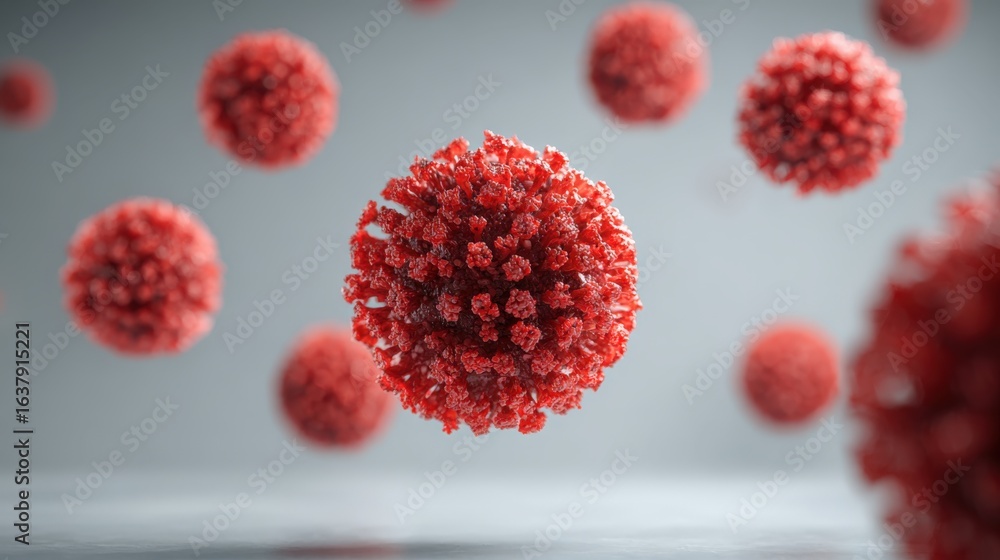 Poster viral particles: microscopic render depicting a cluster of infectious viruses floating in a grey spa
