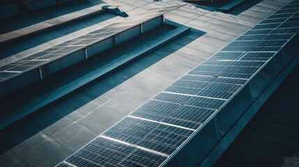 Obraz premium Aerial View of Solar Panels on a Commercial Rooftop: Sustainable Energy Solution for Business