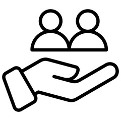 Customer Care Outline Icon Design Vector - Hand supporting two people icons, representing service, support, or client care