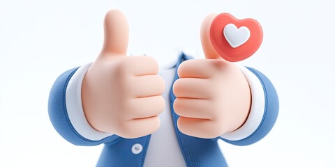 Cartoon character in a suit giving a thumbs-up, heart icon on finger