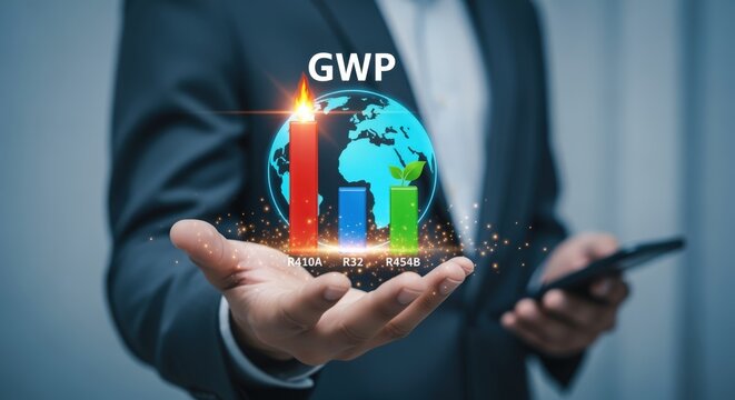 Global Warming Potential Concept: Business professional presents a holographic graph representing the environmental impact of various gases.