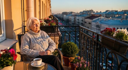 Golden Hour Contemplation: Senior Woman in a Cozy Sweater on a City Balcony
