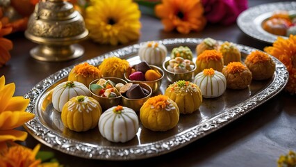 Traditional Indian Sweets and Snacks Display.
