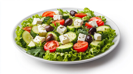 "Fresh Greek salad with feta cheese, tomatoes, olives, and cucumber"
