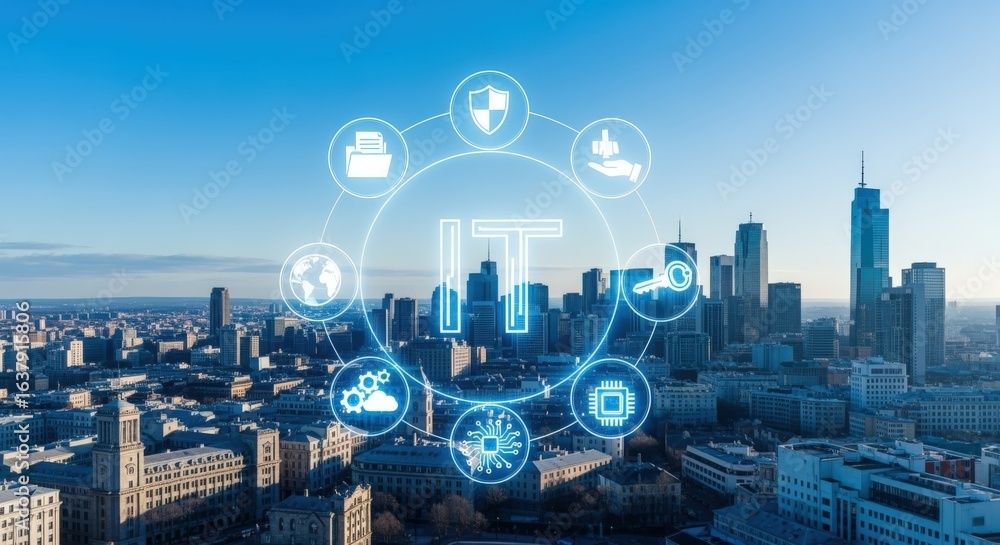 Poster it infrastructure over cityscape: cybersecurity solutions, data management, cloud computing and busi