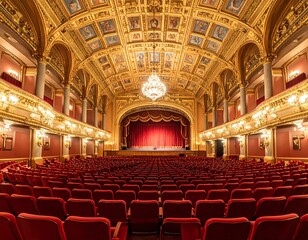 Ornate theater interior with red seating, a stage, and a gilded ceiling