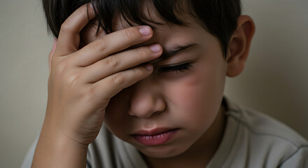 Fototapeta premium Close-up of a young boy looking distressed, holding his hand to his forehead, conveying feelings of sadness, headache, or anxiety in a poignant moment of discomfort.