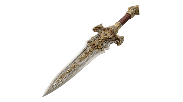 Ornate Gold and Silver Dagger Isolated on Black Background