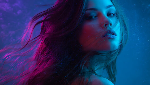 Woman with flowing hair illuminated by vibrant pink and blue neon lights female portrait