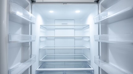 Fototapeta premium Empty Refrigerator Interior with Shelves and Door Bins Ready for Food Storage and Organization