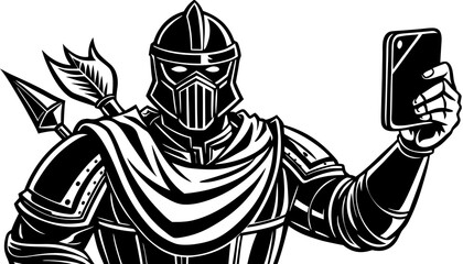 A cartoon of a knight taking a selfie with a cell phone          