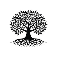 Black Silhouette of a Tree of Life with Spreading Roots and Lush Foliage on White branches leaves
