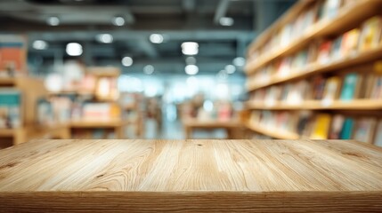 Wooden Table Surface Over Blurred Bookstore Background: Ideal for Product Display and Promotional Mockups