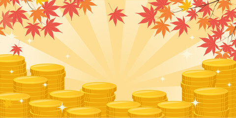秋の紅葉と積み上がったコインの背景_ベクターイラスト
