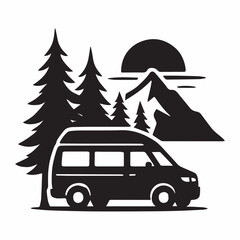 Black silhouette vector of a camper van parked under pine trees with a mountain sunset background, clean bold shape, isolated on white background.