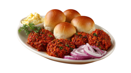 Pav bhaji buttered bread roll spicy mashed vegetable red onion mashed potato Indian street food vegetarian meal traditional flavorful appetizing served on white plate