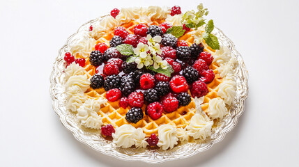 A healthy and fresh dessert of sweet berries and fruit on a delicious cake with cream on white background