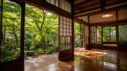 Serene Japanese Interior with Garden View: Tranquil Wooden Architecture and Greenery for Relaxation and Contemplation