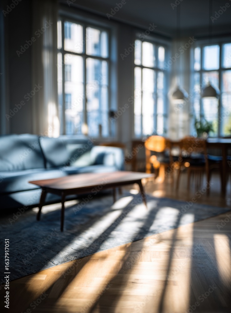 Poster sunlight streams across a living room, illuminating a wooden coffee table and creating a warm, invit