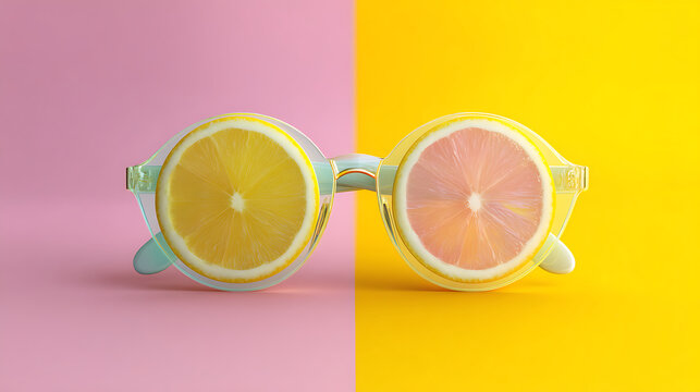 Creative summer concept with sunglasses featuring fresh lemon slices on a vibrant background
