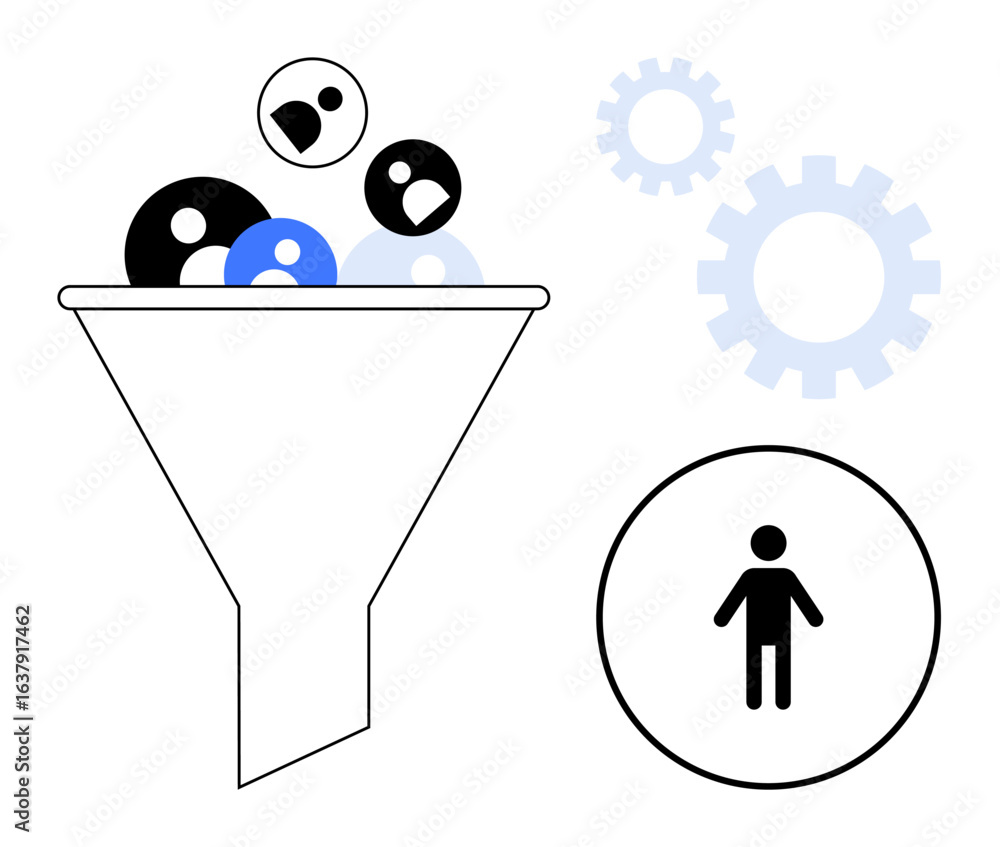Aufkleber funnel filtering diverse user or audience icons into a single outcome, surrounded by gears represent
