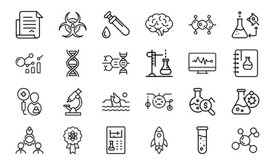 24 Science and Laboratory Line Icons DNA, Chemistry, Biology, Physics, Research, Experiment, and Medical Vector Icon Set for Scientists, Teachers, and STEM Projects