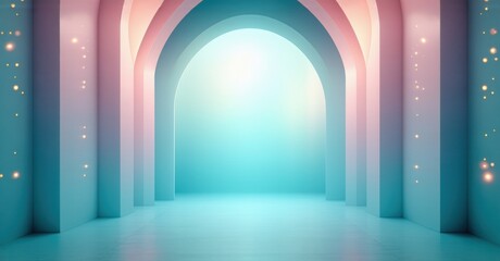 Abstract corridor features repeating arches. Soft turquoise, pink hues create dreamy, ethereal atmosphere. Light emanates from distant end.
