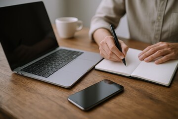 Person Writing in Notebook with Laptop, Phone, and Coffee Cup on Wooden Desk