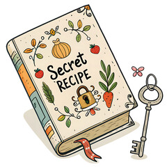 Watercolor Clip Art of a Cookbook with Lock and Key on White Background