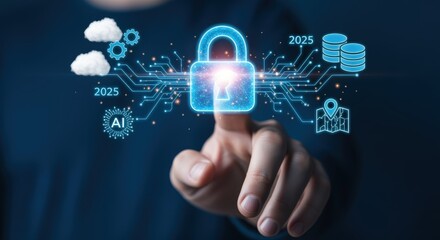 Naklejka premium Cybersecurity Protection: Digital Padlock with Hand Touching Secure Interface for Online Data Privacy and Future Technology