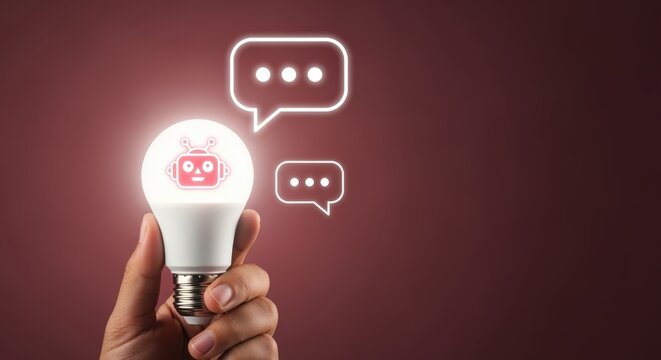 AI Chatbot Concept: Hand Holding Glowing Lightbulb with Robot Icon and Speech Bubbles on Burgundy Background - Powered by Adobe