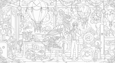 Naklejka premium Intricate Steampunk Fantasy Detailed Line Art of Mechanical Wonders, Airships, and Whimsical Contraptions in an Engineered World, Perfect for Creative Discovery.