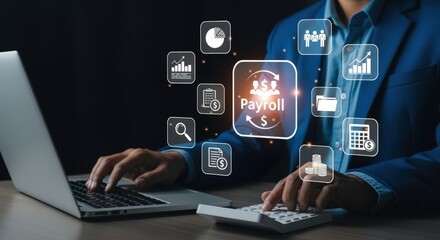 Fototapeta premium Payroll Management System: Businessman Calculating Salary, Benefits, and Taxes with Digital Interface on Laptop