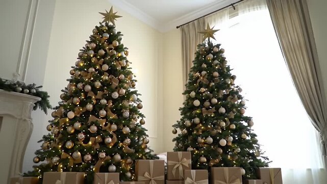 Festive Christmas Scene Featuring Two Decorated Trees with Gold Ornaments Gifts and String Lights in a Bright White
