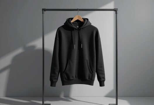 Sudadera negra exhibida en un perchero minimalista con sombras suaves y fondo gris neutro, perfecta para maqueta de marca de ropa urbana