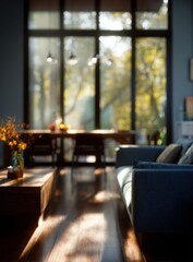 Fototapeta premium Warm sunlight streams through a large window illuminating a cozy living space with a comfortable sofa and wooden flooring.