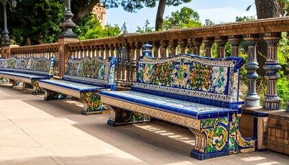 Ornate tiled benches line a sunlit park walkway