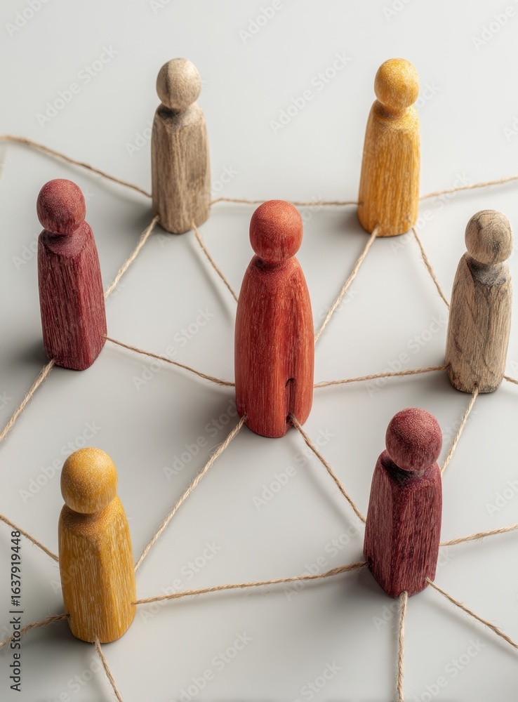 Poster wooden figures connected by string represent a network of relationships, teamwork, and interconnecte