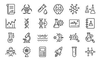 Naklejka premium 24 Science and Laboratory Line Icons DNA, Chemistry, Biology, Physics, Research, Experiment, and Medical Vector Icon Set for Scientists, Teachers, and STEM Projects
